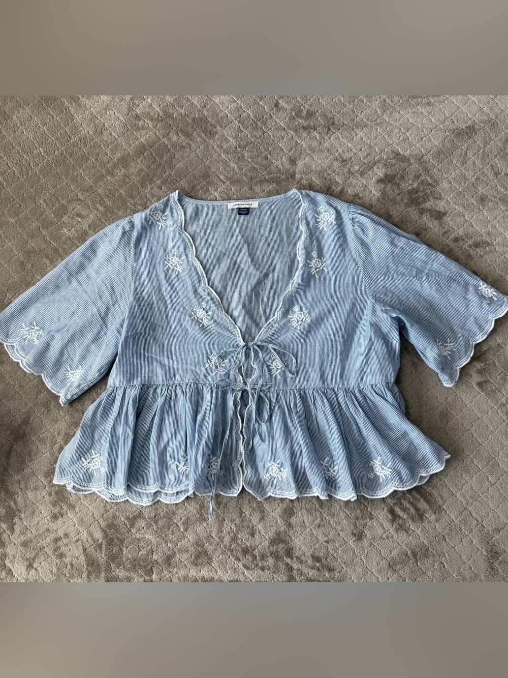 American Eagle Blue Pinstripe Embroidered Peplum Top M
